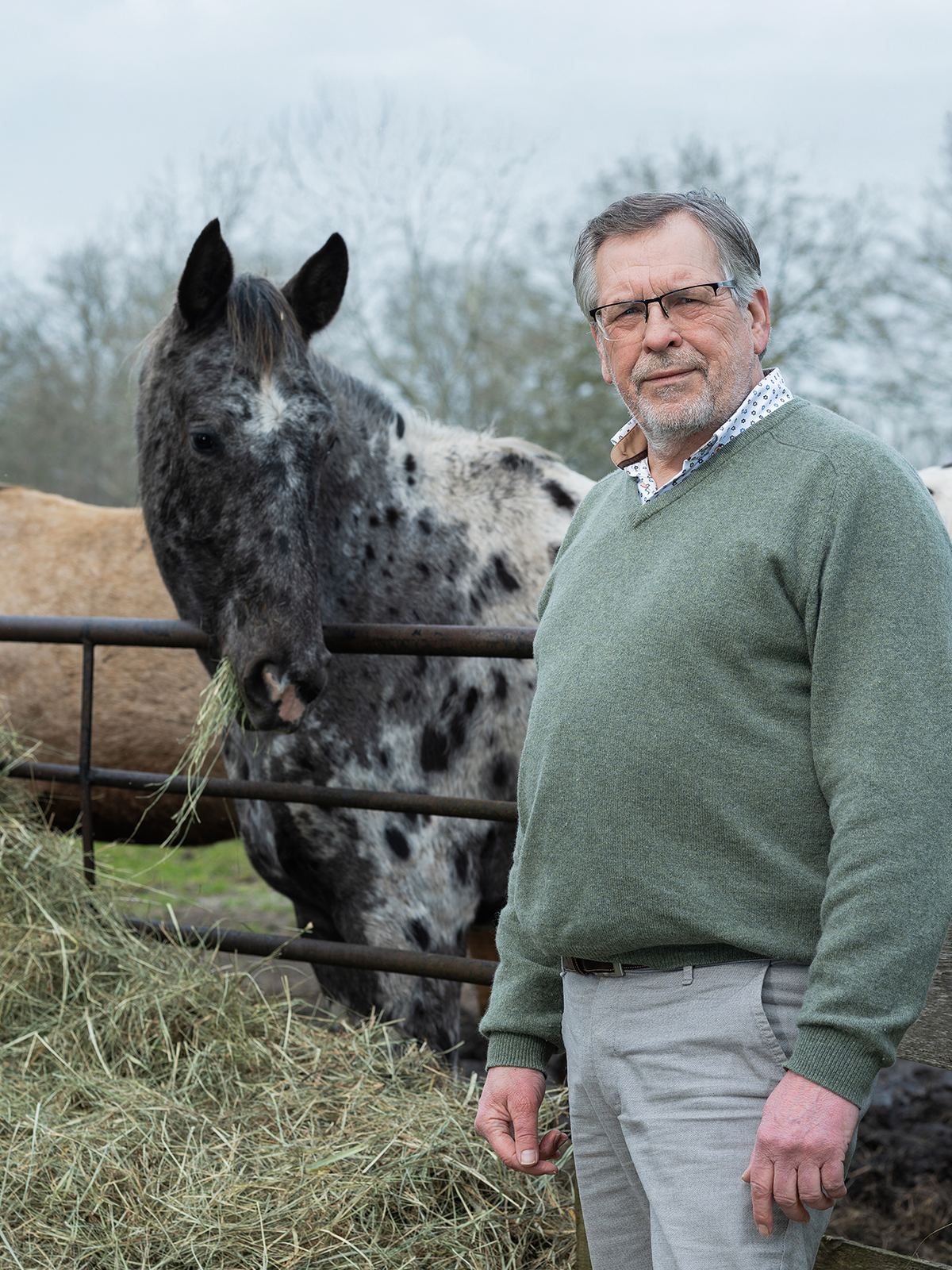Walter Baars bij het hek van de wei, naast een van zijn paarden